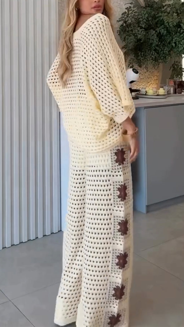 Women V-neck Hollow Print Casual Set