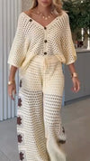 Women V-neck Hollow Print Casual Set