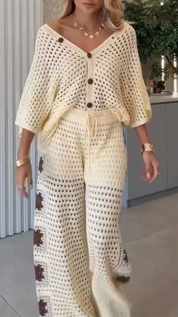 Women V-neck Hollow Print Casual Set