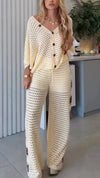 Women V-neck Hollow Print Casual Set