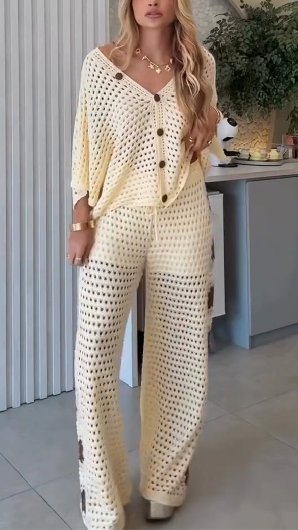 Women V-neck Hollow Print Casual Set