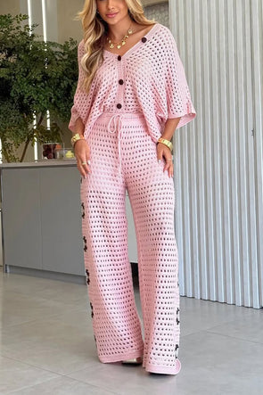 Women V-neck Hollow Print Casual Set
