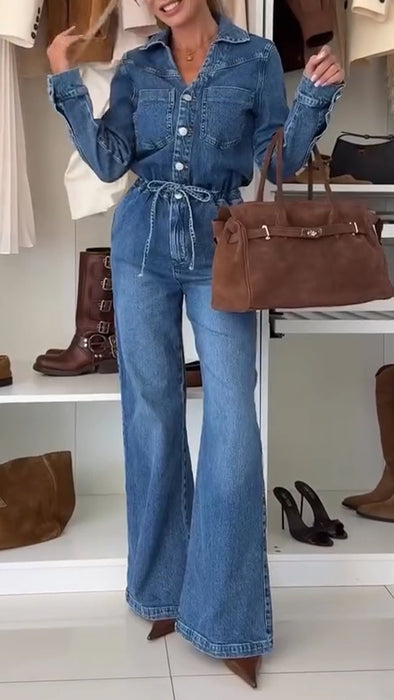 Women Lapel Breast Wash Water Splicing Casual Denim Jumpsuit