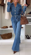 Women Lapel Breast Wash Water Splicing Casual Denim Jumpsuit