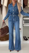 Women Lapel Breast Wash Water Splicing Casual Denim Jumpsuit