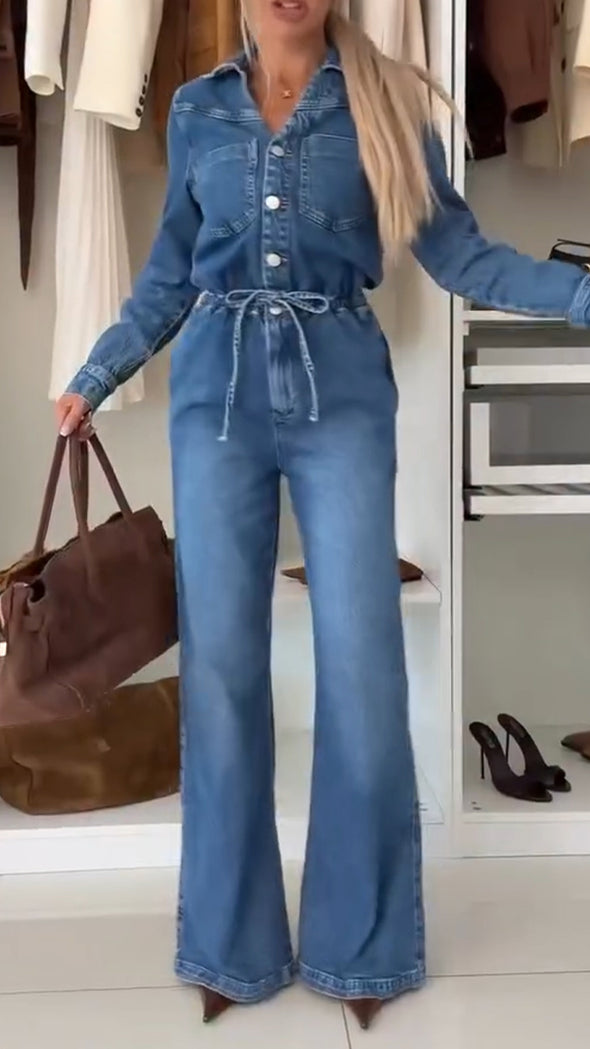 Women Lapel Breast Wash Water Splicing Casual Denim Jumpsuit