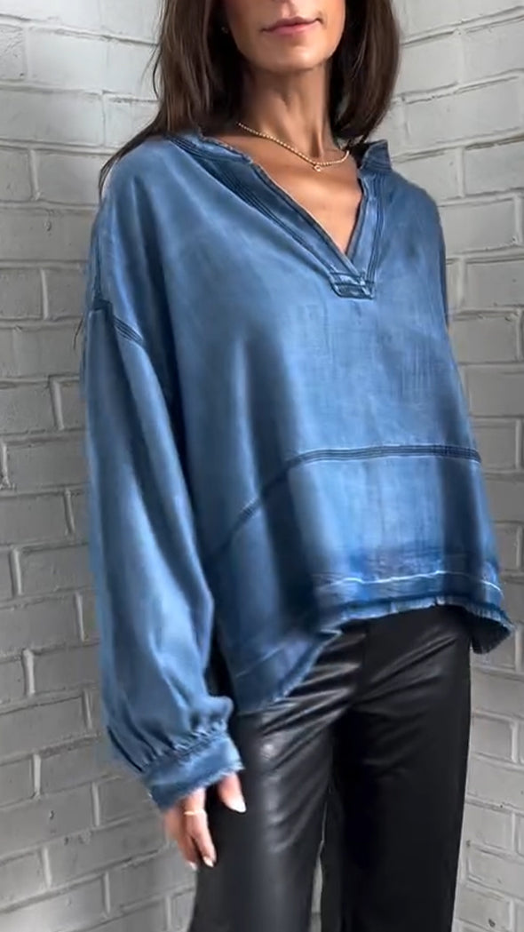 Womens V-neck Spliced Washing Casual Top