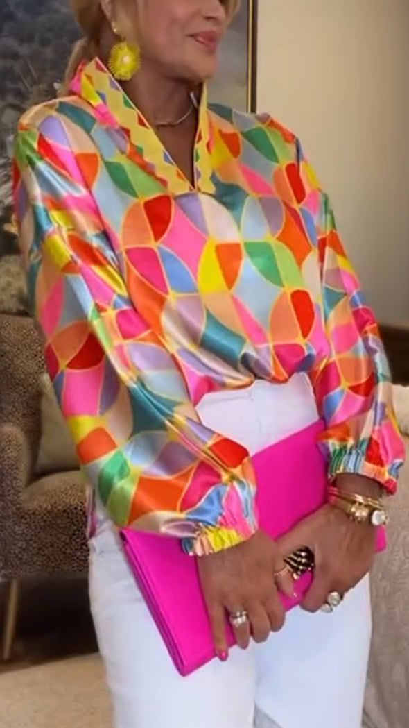 Womens Stand Collar Geometric Pattern Printed Colorful Casual Top