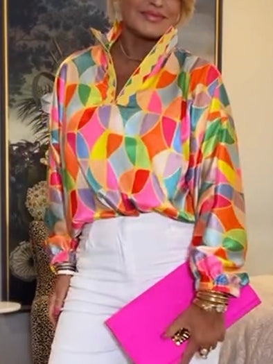Womens Stand Collar Geometric Pattern Printed Colorful Casual Top