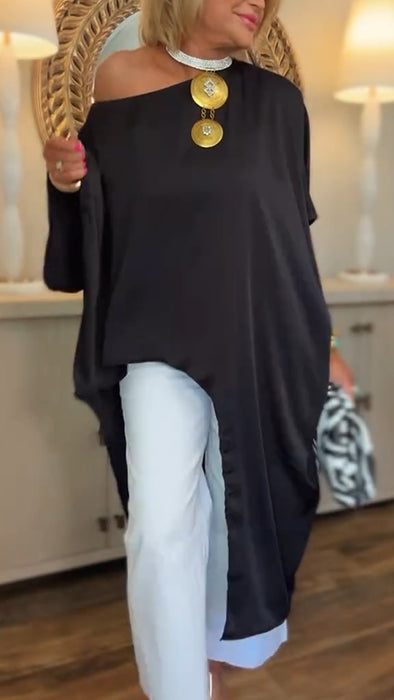 Womens Round Neck Solid Color Irregular Long Top