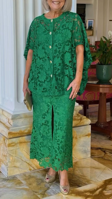 Women Round Neck Printed Hollow Top + Skirt Casual Suit