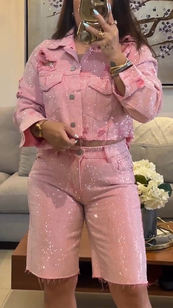Womens Lapel Sequin Jacket + Pants Casual Set