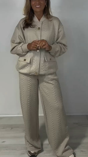 Women Round-neck Jacket + Pants Casual Suit