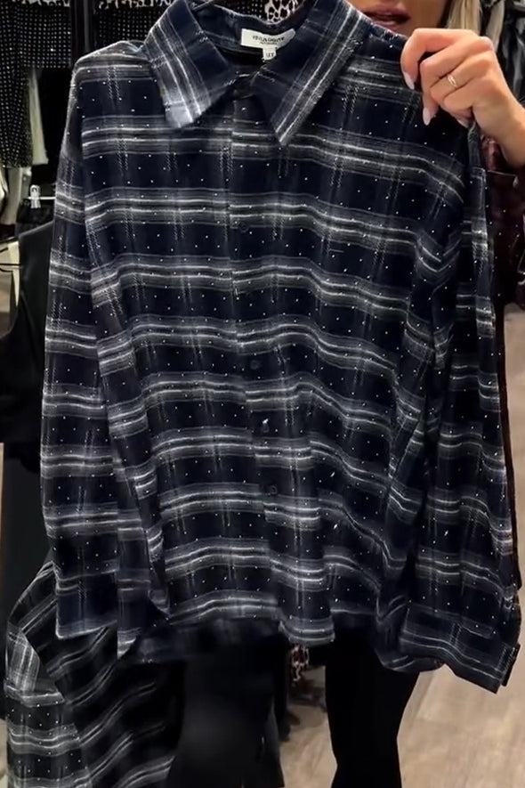 Womens Lapel Plaid Ironing Diamond Casual Shirt