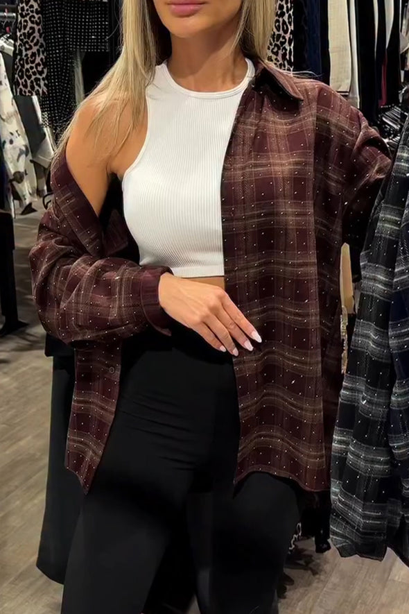Womens Lapel Plaid Ironing Diamond Casual Shirt