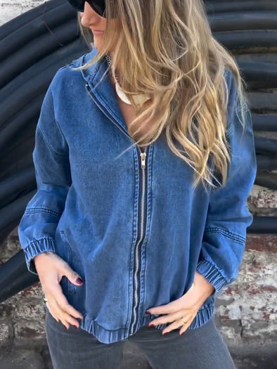 Women Round Neck Hooded Zipper Casual Denim Jacket