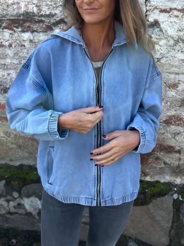 Women Round Neck Hooded Zipper Casual Denim Jacket