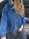 Women Round Neck Hooded Zipper Casual Denim Jacket