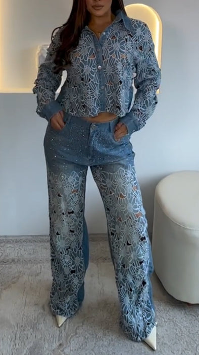 Womens Lapel Print Hollow Diamond Casual Set
