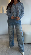 Womens Lapel Print Hollow Diamond Casual Set