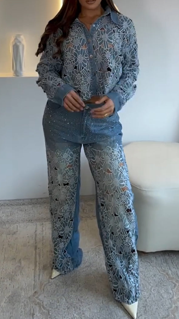 Womens Lapel Print Hollow Diamond Casual Set