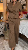 Womens Lapel Waist Jacket + Pants Solid Color Casual Suit
