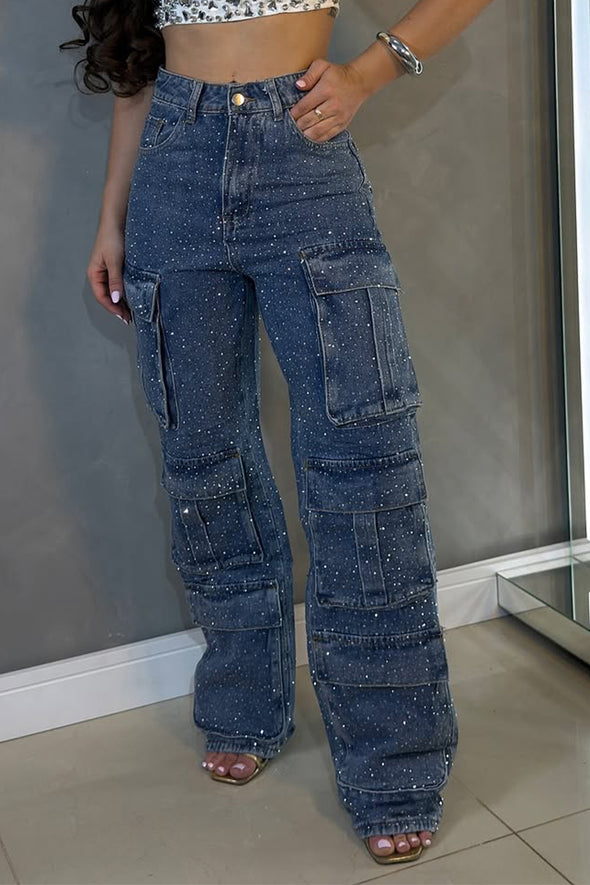 Womens Hot Diamond Splicing Multi-pocket Casual Pants