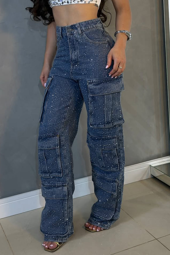 Womens Hot Diamond Splicing Multi-pocket Casual Pants