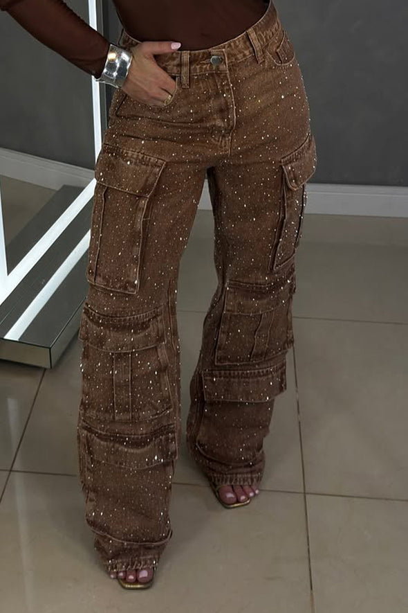Womens Hot Diamond Splicing Multi-pocket Casual Pants