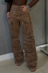 Womens Hot Diamond Splicing Multi-pocket Casual Pants