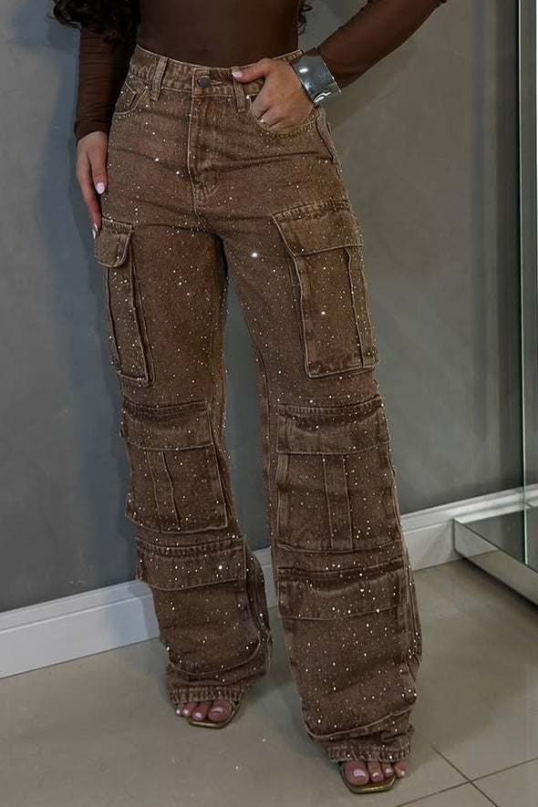 Womens Hot Diamond Splicing Multi-pocket Casual Pants