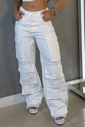 Womens Hot Diamond Splicing Multi-pocket Casual Pants