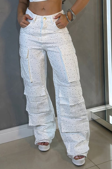 Womens Hot Diamond Splicing Multi-pocket Casual Pants