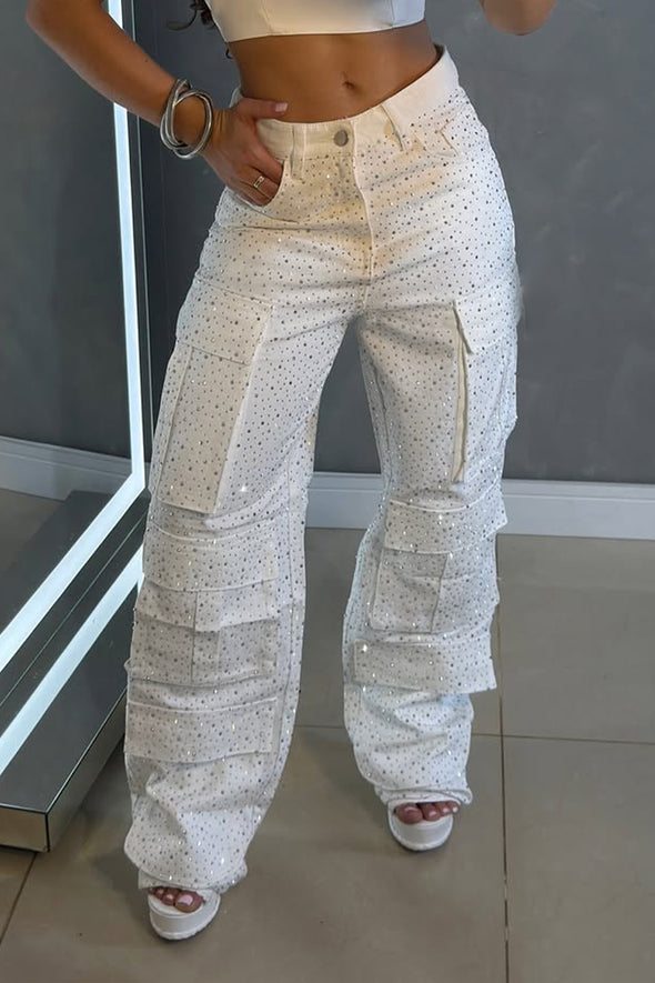 Womens Hot Diamond Splicing Multi-pocket Casual Pants