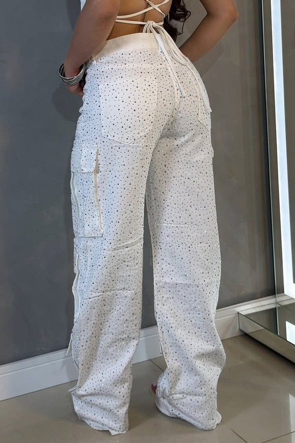 Womens Hot Diamond Splicing Multi-pocket Casual Pants