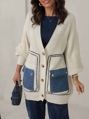 Casual Denim Pocket Knitted Cardigan