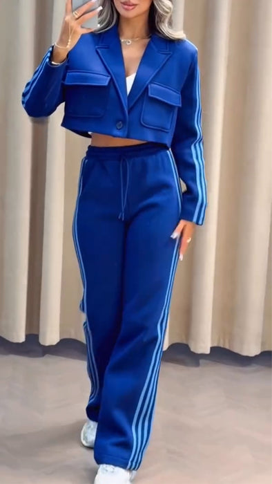Womens Lapel Vertical Jacket + Pants Casual Set