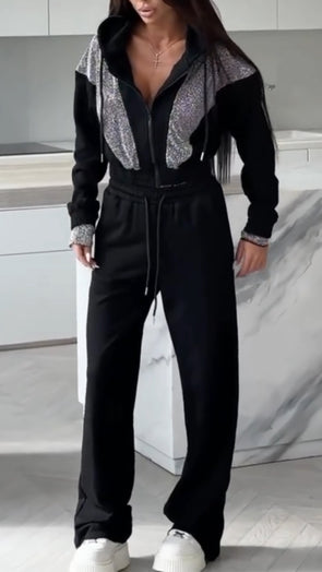 Women Round Neck Hooded Splicing and Hot Diamond Jacket + Pants Casual Suit