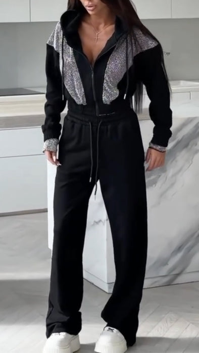 Women Round Neck Hooded Splicing and Hot Diamond Jacket + Pants Casual Suit