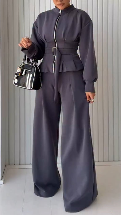 Womens Round Neck Zipper Jacket + Pants Casual Suit