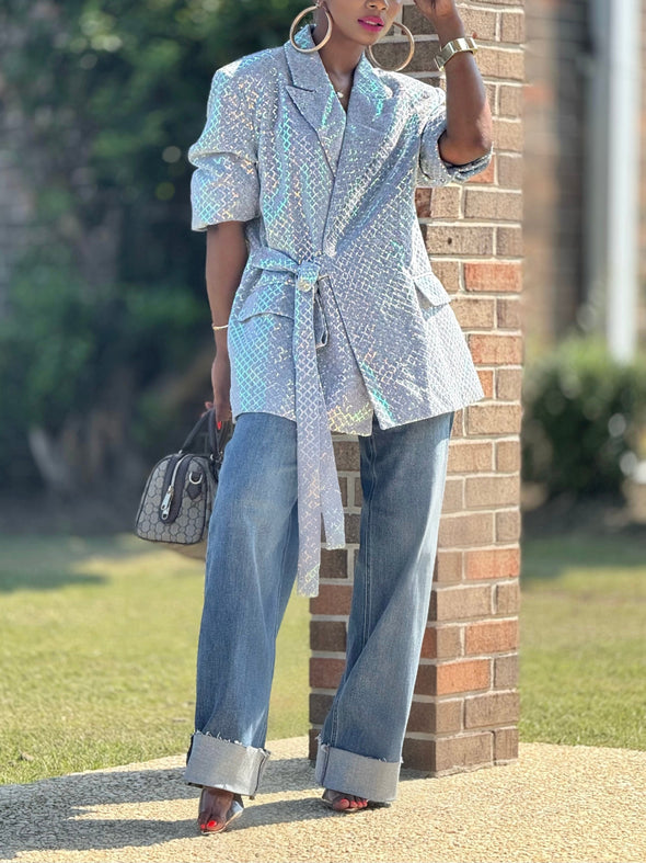 Fashion Sequin Peak Collar Loose Blazer