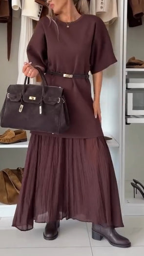 Women Round Neck Spliced Solid Color Casual Dress