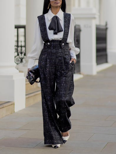 Elegant Glitter Tweed Wide Leg Overalls