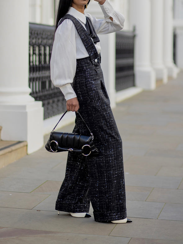 Elegant Glitter Tweed Wide Leg Overalls