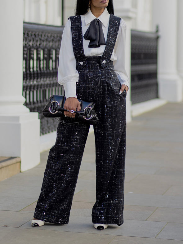 Elegant Glitter Tweed Wide Leg Overalls