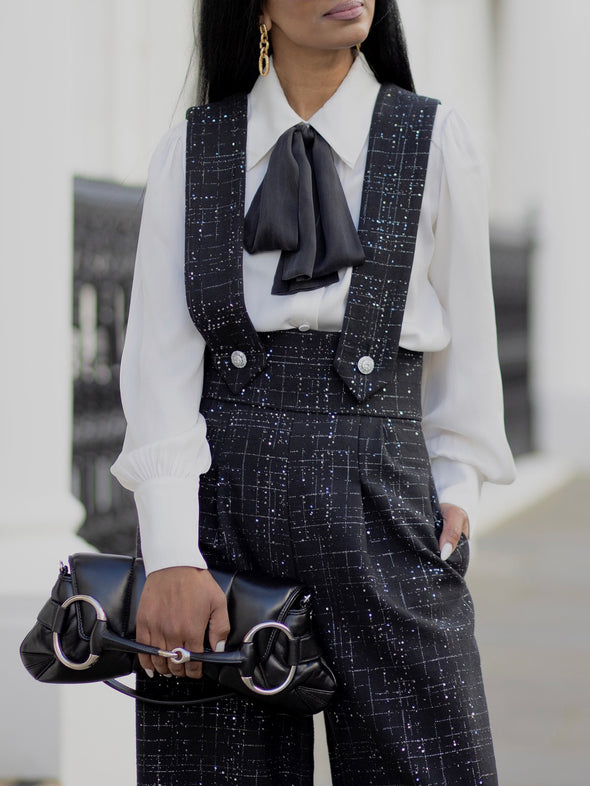 Elegant Glitter Tweed Wide Leg Overalls