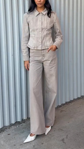 Women Lapel Breasted Splicing Top + Pants Casual Suit