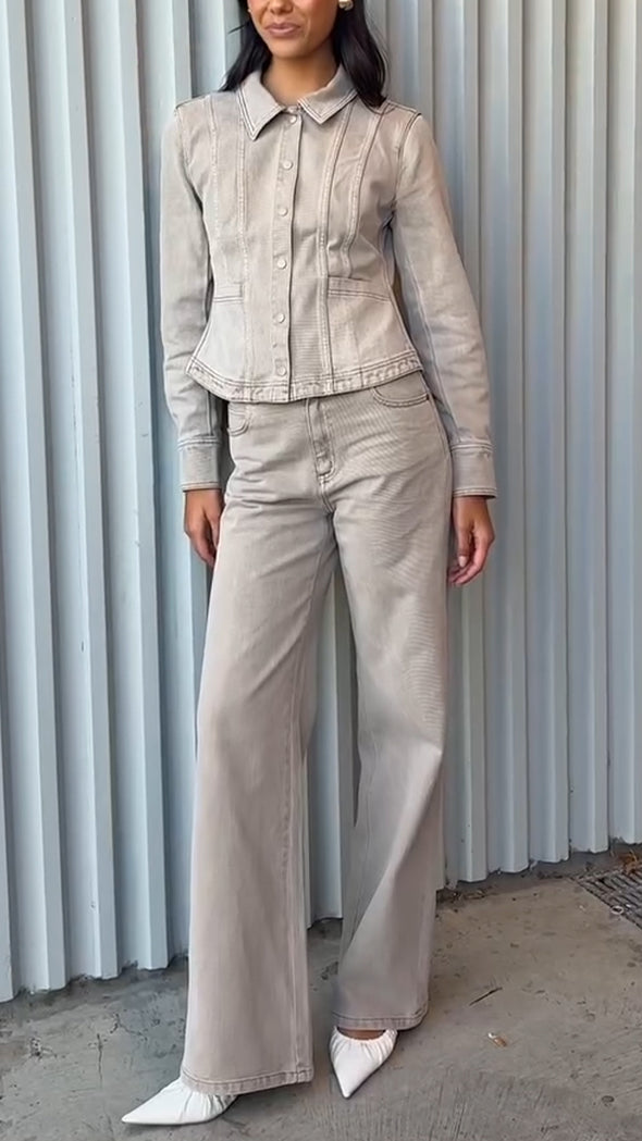 Women Lapel Breasted Splicing Top + Pants Casual Suit