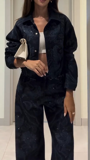 Women Lapel Iron Diamond Print Casual Set