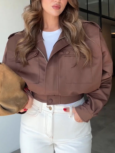 Women Lapel Solid Color Short Casual Jacket